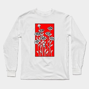 Black and white daisy flower doodle illustration in red background Long Sleeve T-Shirt